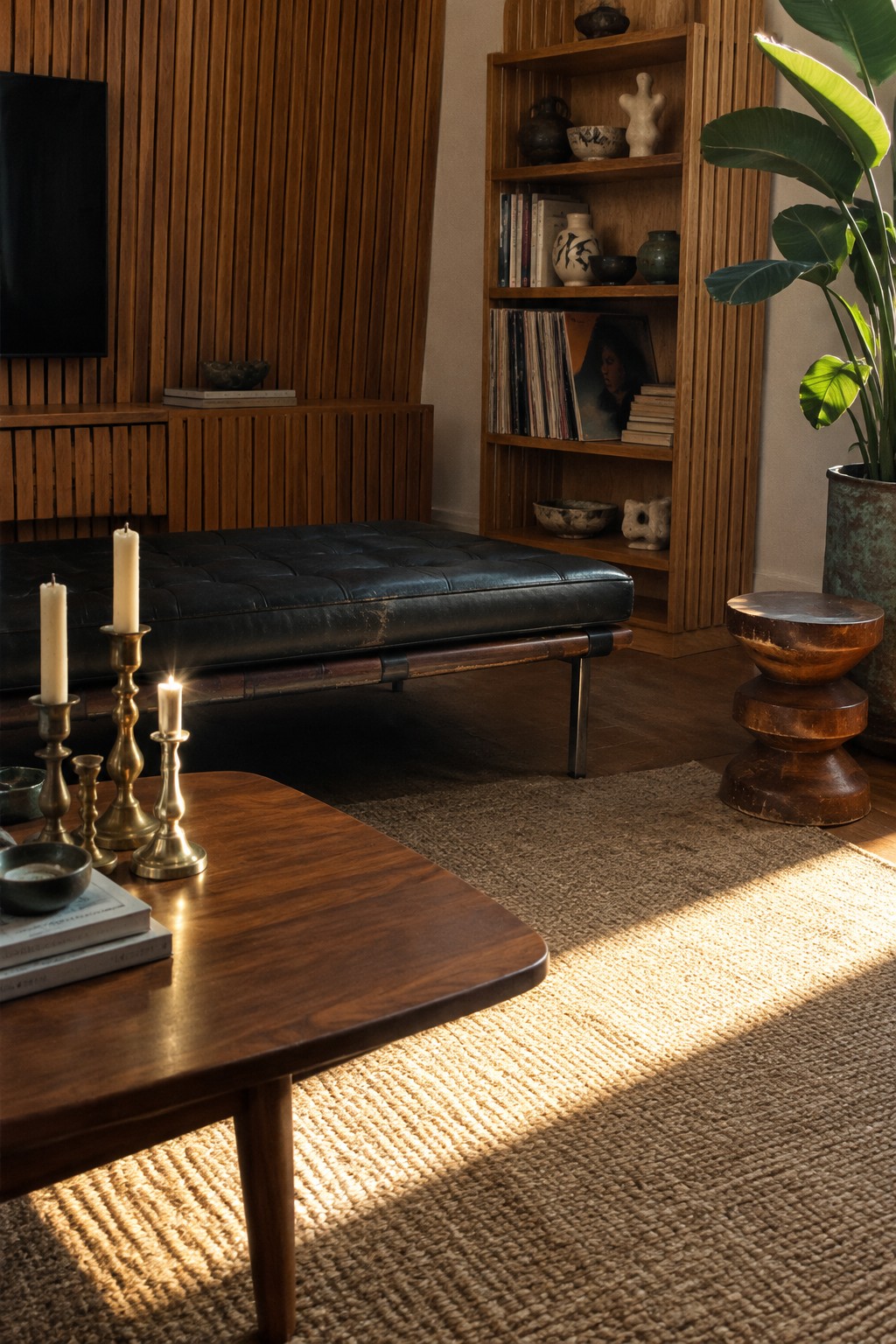 A living room with a vertical wood slat wall, a black leather daybed, wooden shelves, and a potted plant.