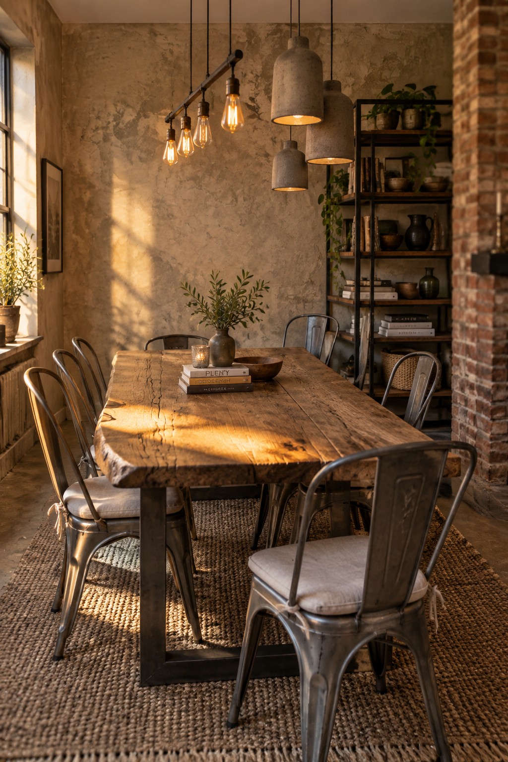 A rustic dining room with a long wooden table, metal chairs, and a mottled beige wall.