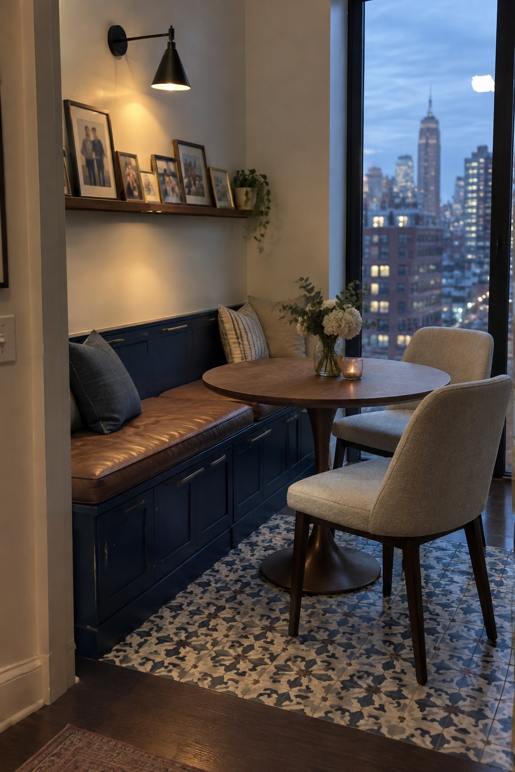 A navy built-in dining bench with a brown cushion sits beside a round wooden table and two upholstered chairs.