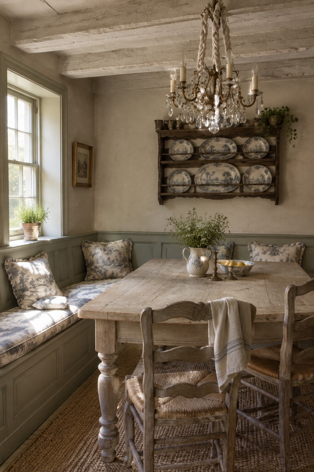 A wooden dining table sits beside a built-in corner bench with blue-and-white cushions.