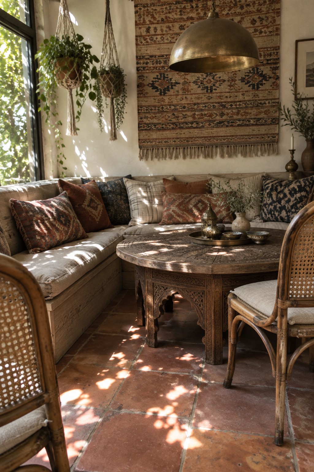 A corner banquette with patterned cushions surrounds a round carved wood table, with cane chairs in the foreground.