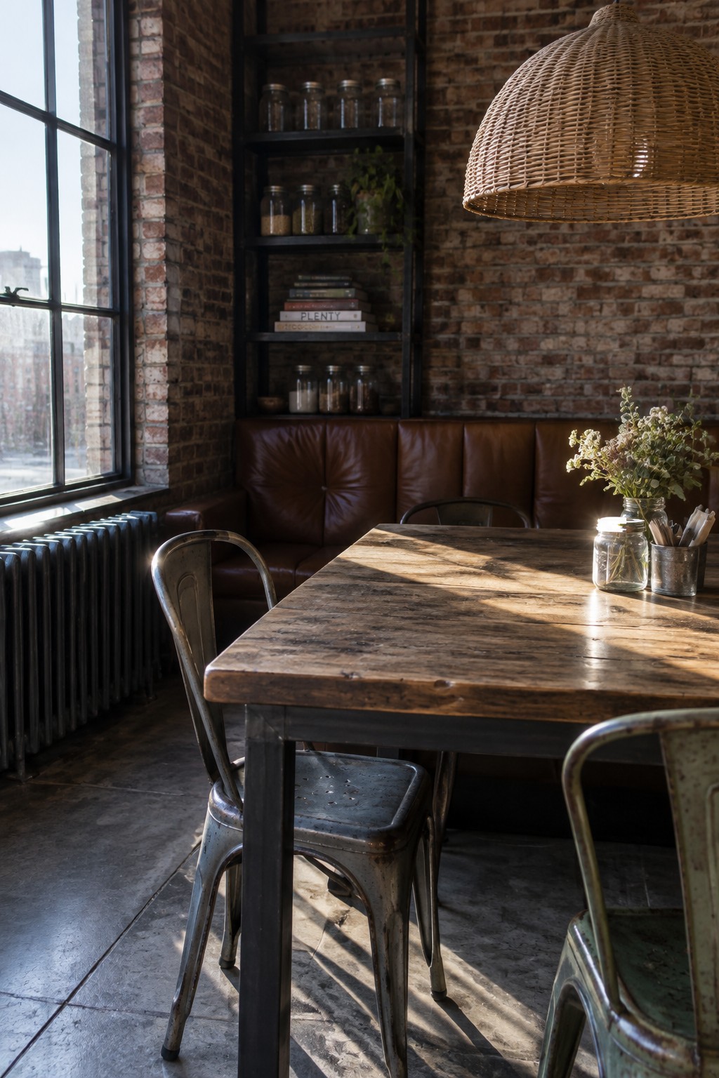 A leather banquette lines a brick wall beside a wooden dining table and metal chairs.