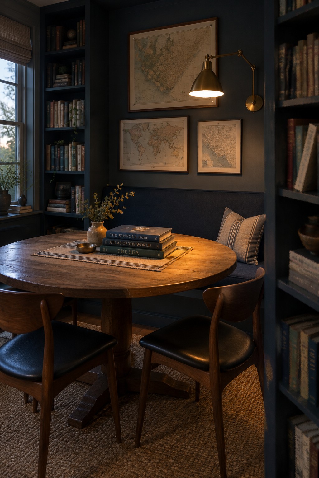 A round wooden dining table with two chairs and an upholstered bench along the wall in a dark room with bookshelves and framed maps.