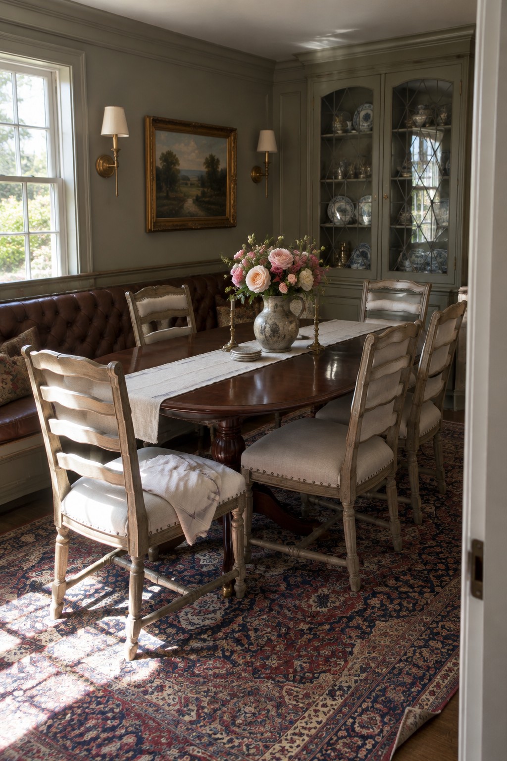 A dark tufted banquette runs along the wall behind a wooden dining table surrounded by upholstered chairs.