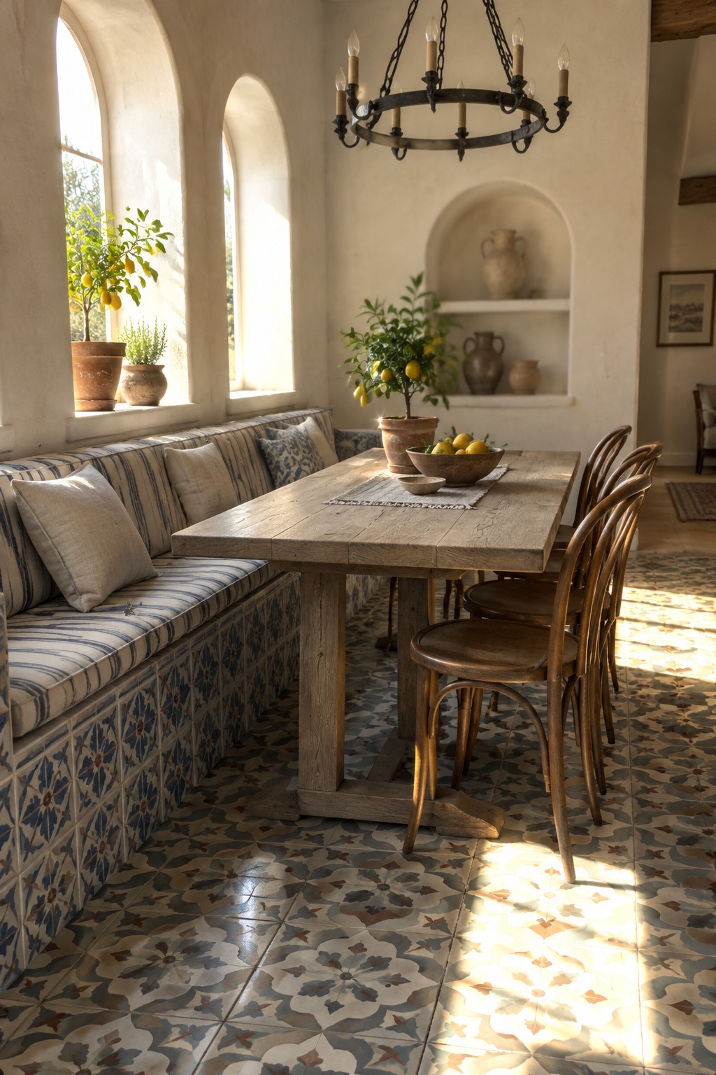 A long wooden dining table sits beside a built-in bench upholstered in blue-and-white fabric, with wooden chairs on the opposite side.