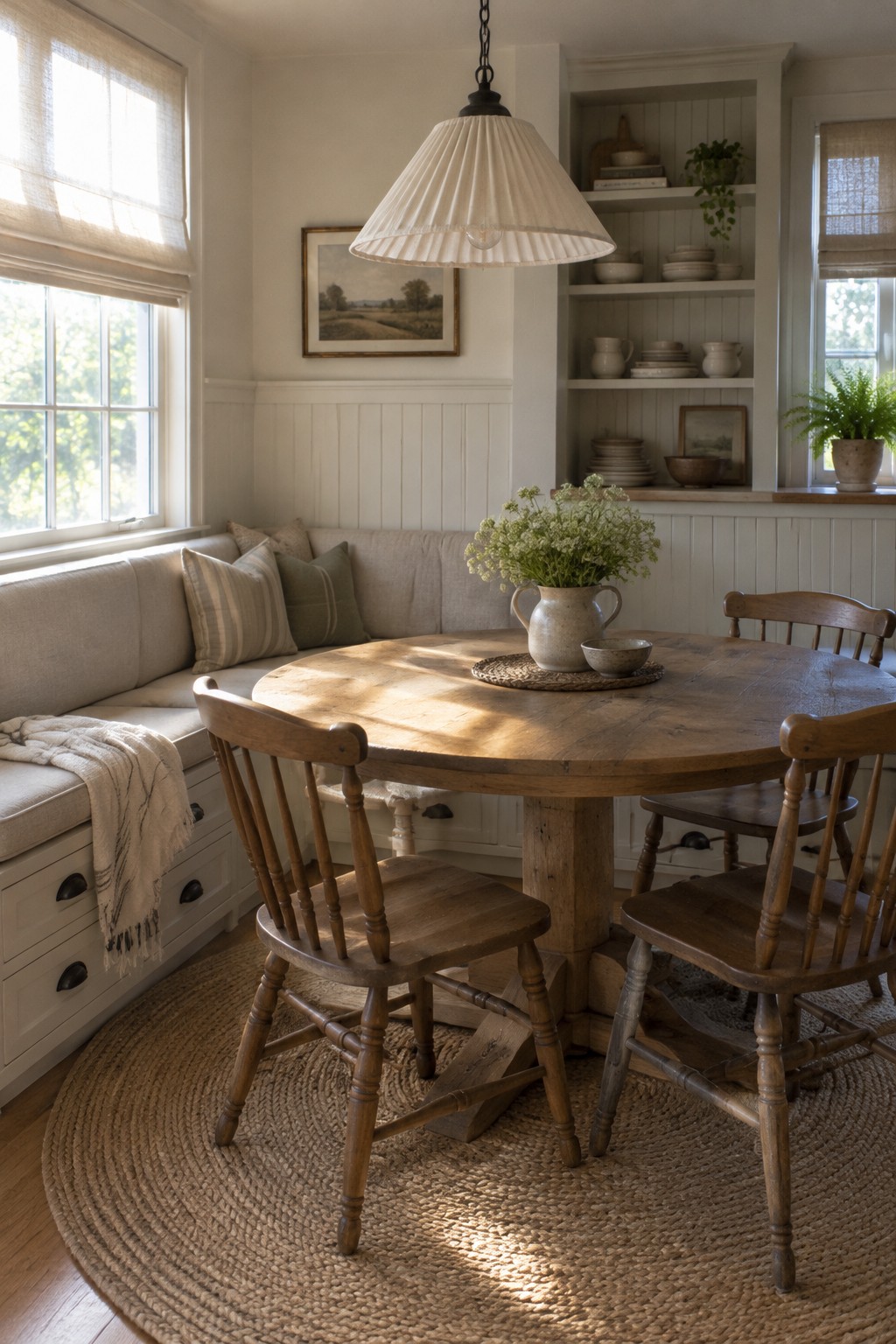 A round wooden dining table sits in front of a built-in upholstered banquette with drawers, surrounded by wooden chairs.