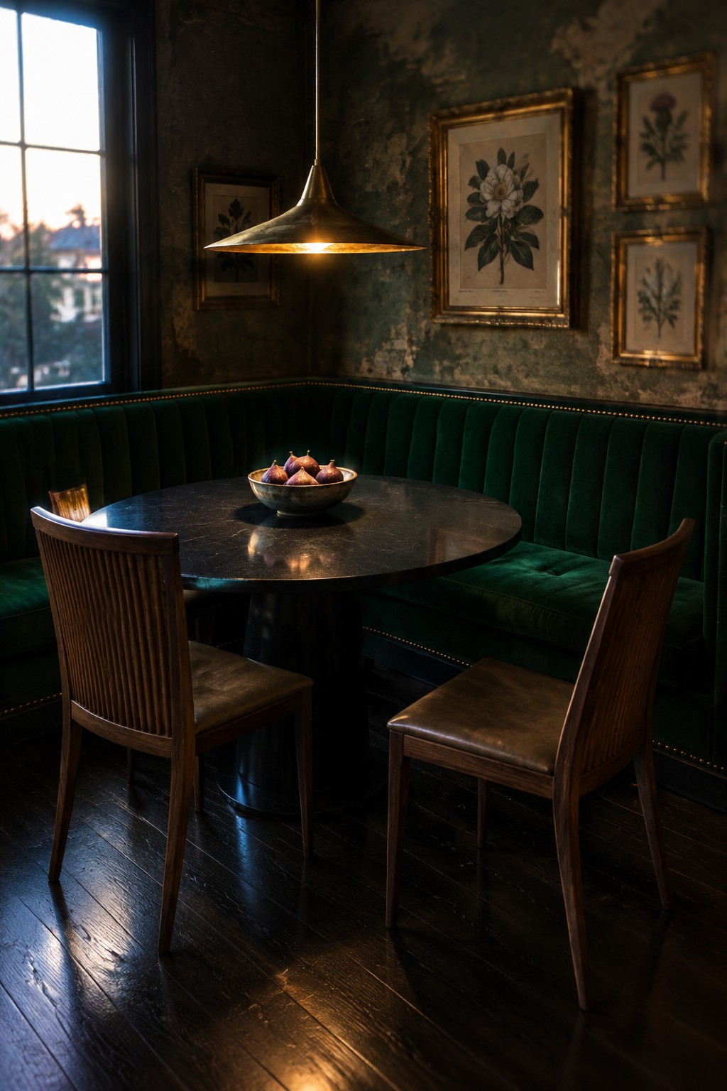 A curved dark green banquette wraps around a round black dining table with two wooden chairs.