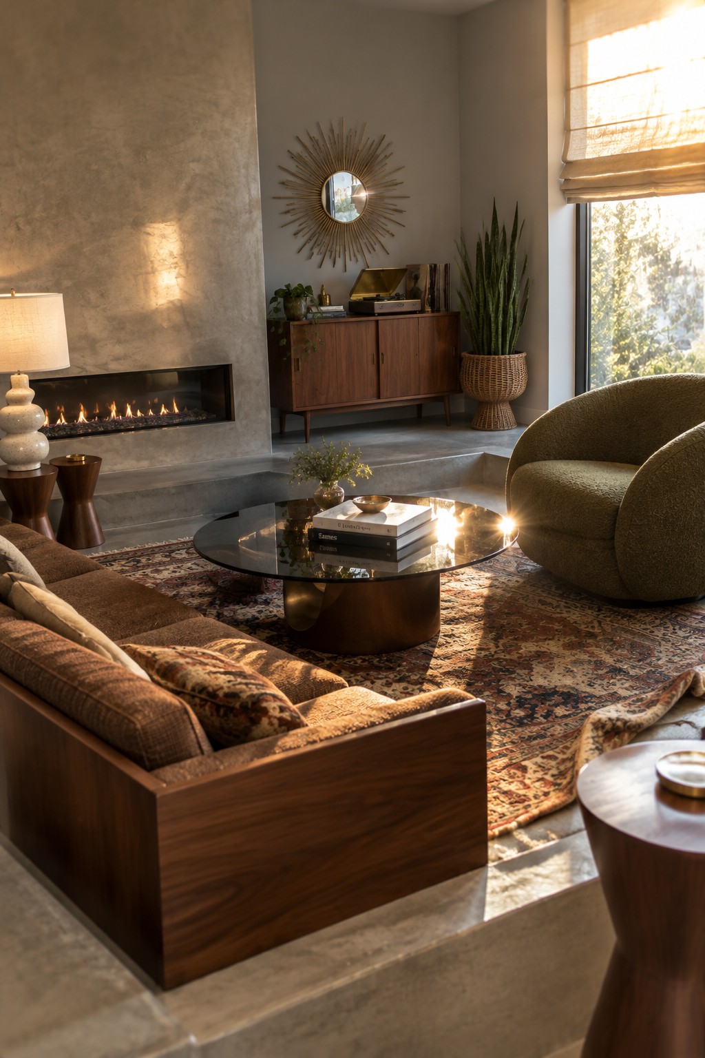 A mid-century living room with a patterned vintage-style rug beneath a sofa, rounded chair, and oval coffee table.