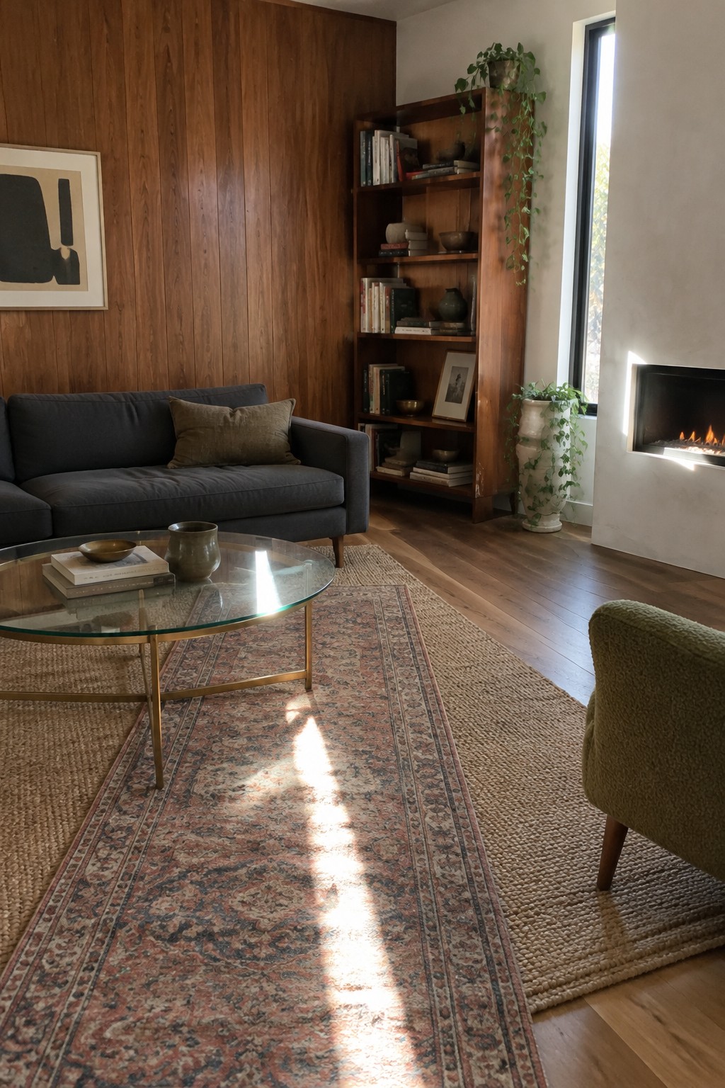 A patterned vintage-style rug lies over a natural-fiber rug in front of a charcoal sofa and glass coffee table.