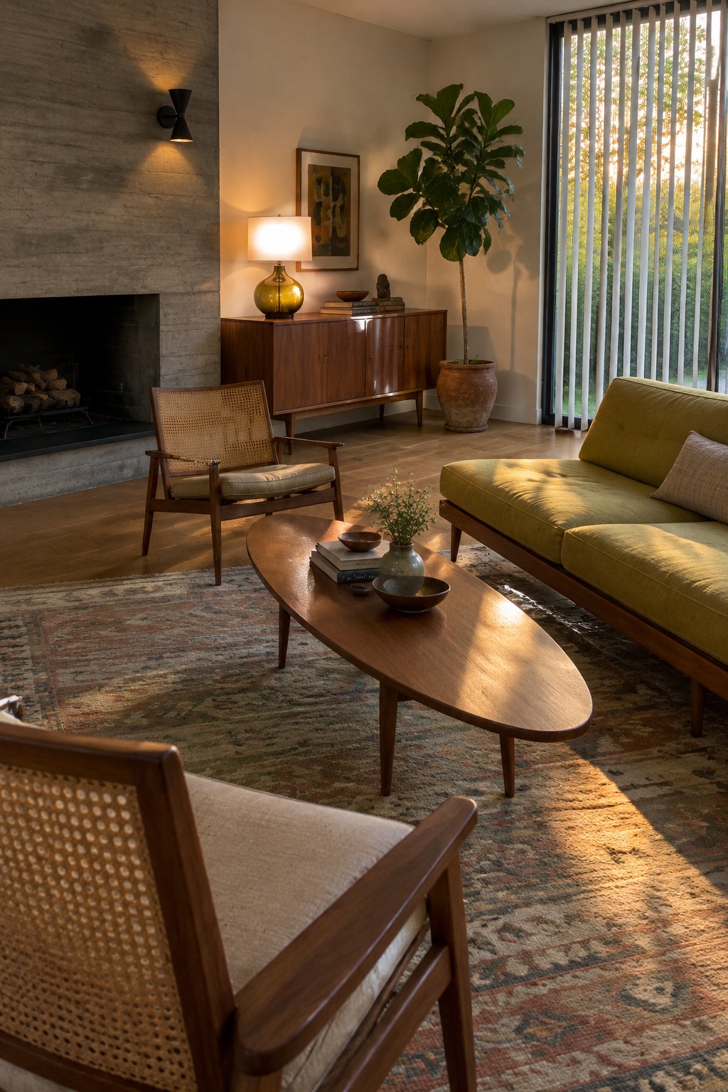A mid-century modern living room with a patterned vintage-style rug beneath a wood coffee table, cane chairs, and a mustard-colored sofa.