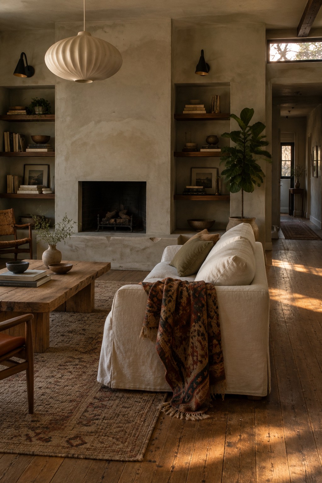 A living room with a central plaster fireplace, recessed shelves on either side, and a white sofa in the foreground.
