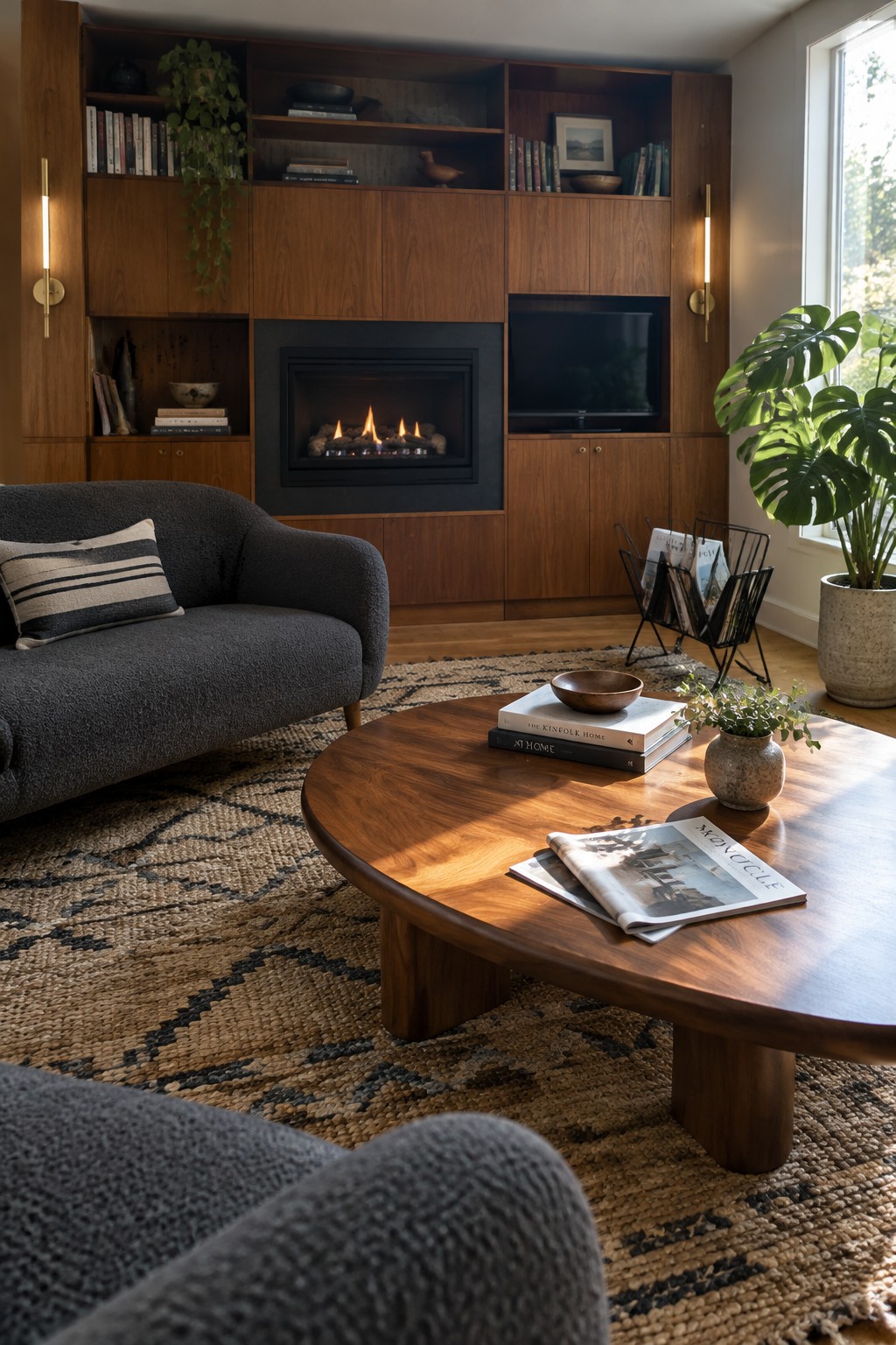 A living room with a gas fireplace and television set into a wall of wood cabinetry, with a sofa and coffee table in the foreground.
