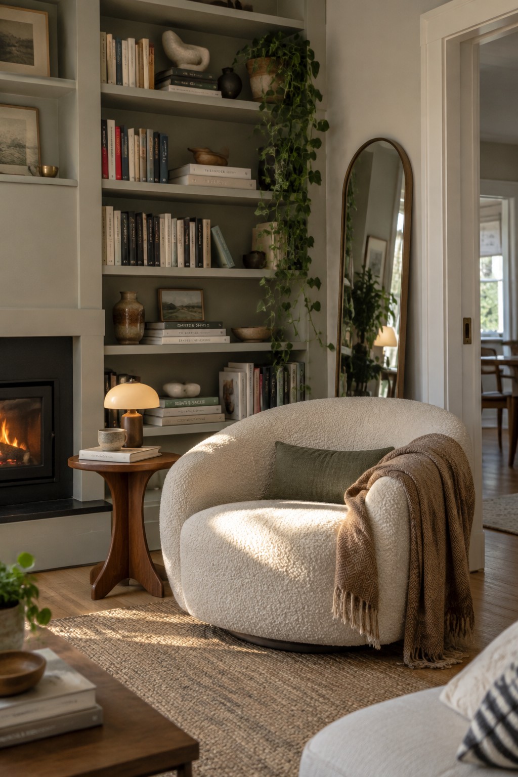 A cream boucle armchair sits beside a fireplace and built-in bookshelves filled with books, pottery, and a trailing plant.