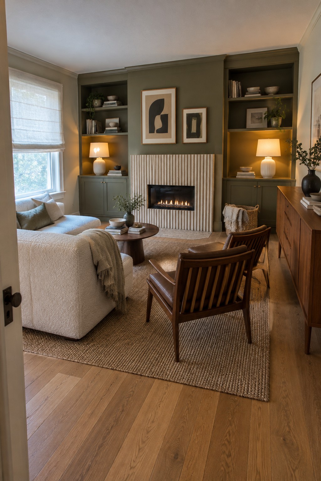 A living room with a fireplace set between built-in shelves and lower cabinets, with a sofa and two wooden chairs nearby.
