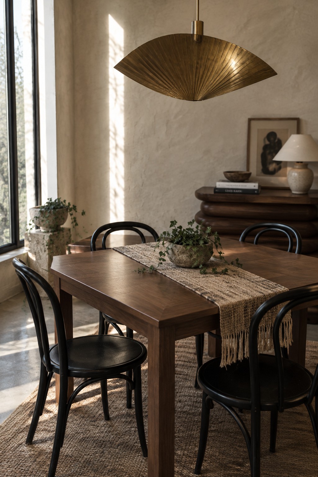 A fan-shaped brass pendant hangs above a wooden dining table surrounded by black chairs.