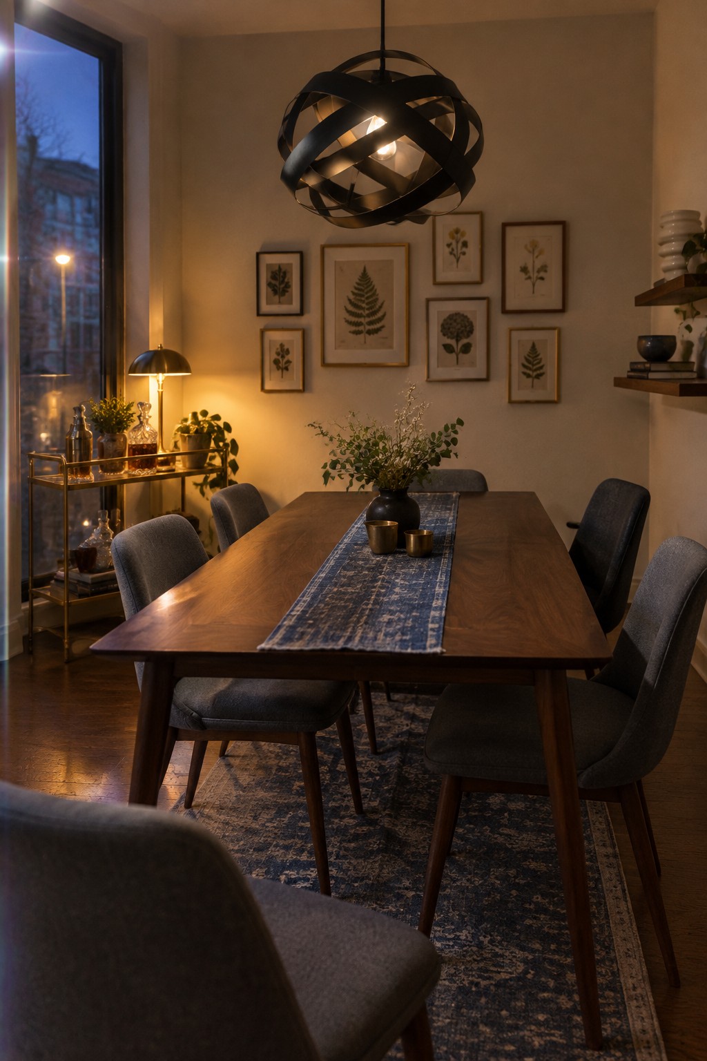 A dark sculptural pendant hangs above a wooden dining table with gray upholstered chairs and framed botanical prints.