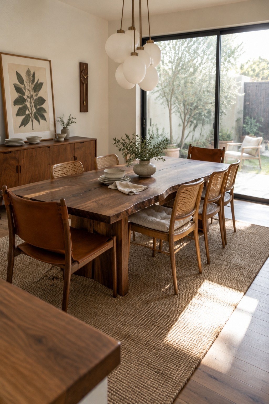 A wooden dining table with cane-back chairs sits beneath a cluster of white glass pendant lights.