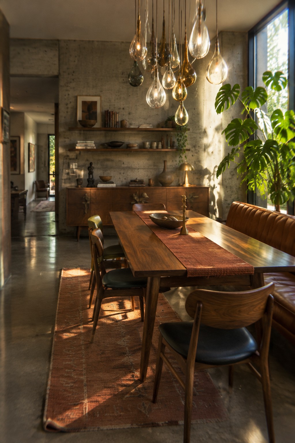 A long wooden dining table sits beneath a cluster of warm glass pendant lights in a concrete-walled room.
