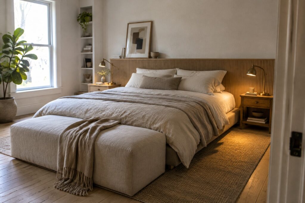 A bedroom with layered beige and gray bedding, a wood slat headboard, and a woven rug.