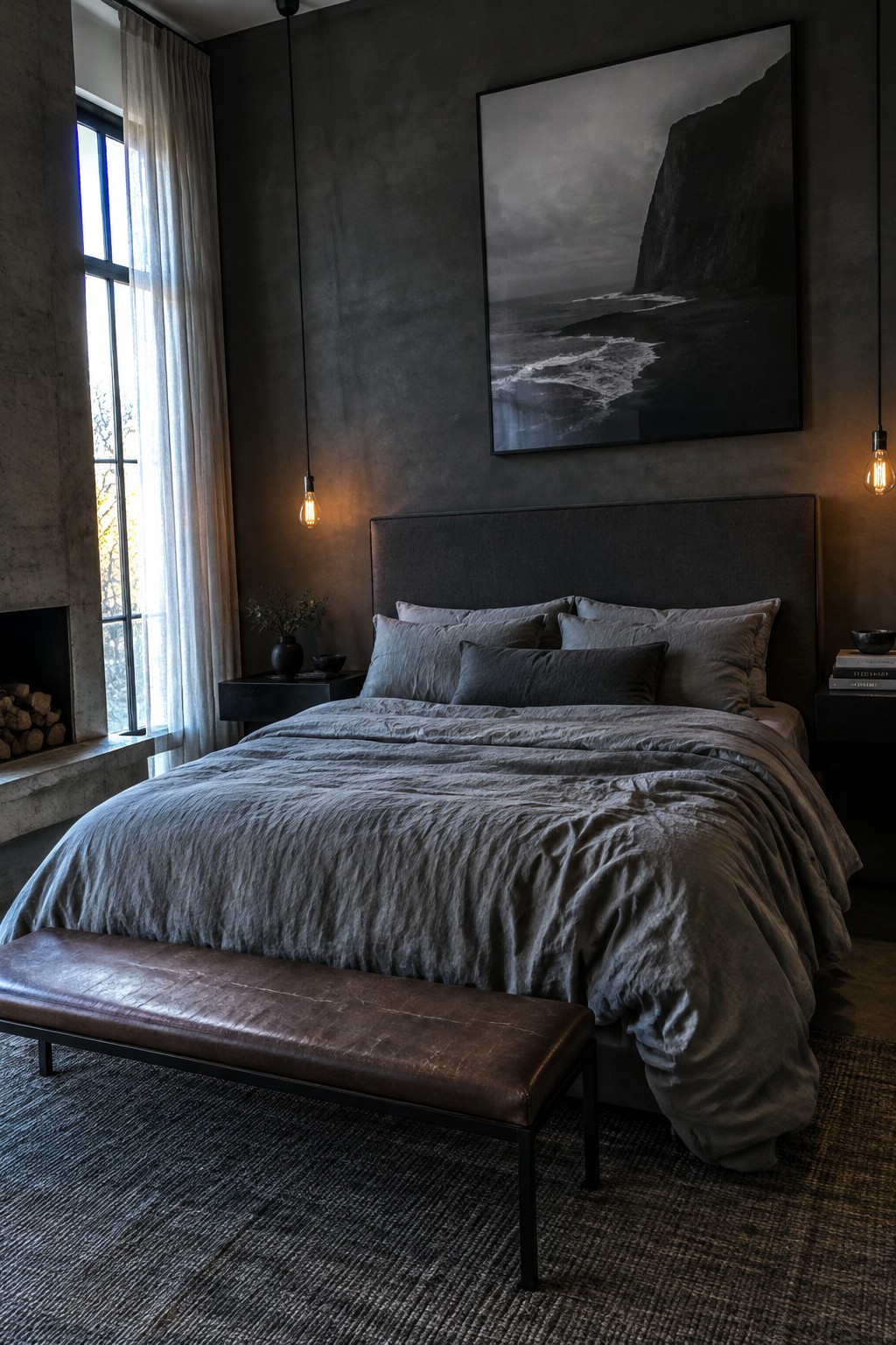 A gray linen bed with layered pillows sits against a dark upholstered headboard beneath a black-and-white coastal print.