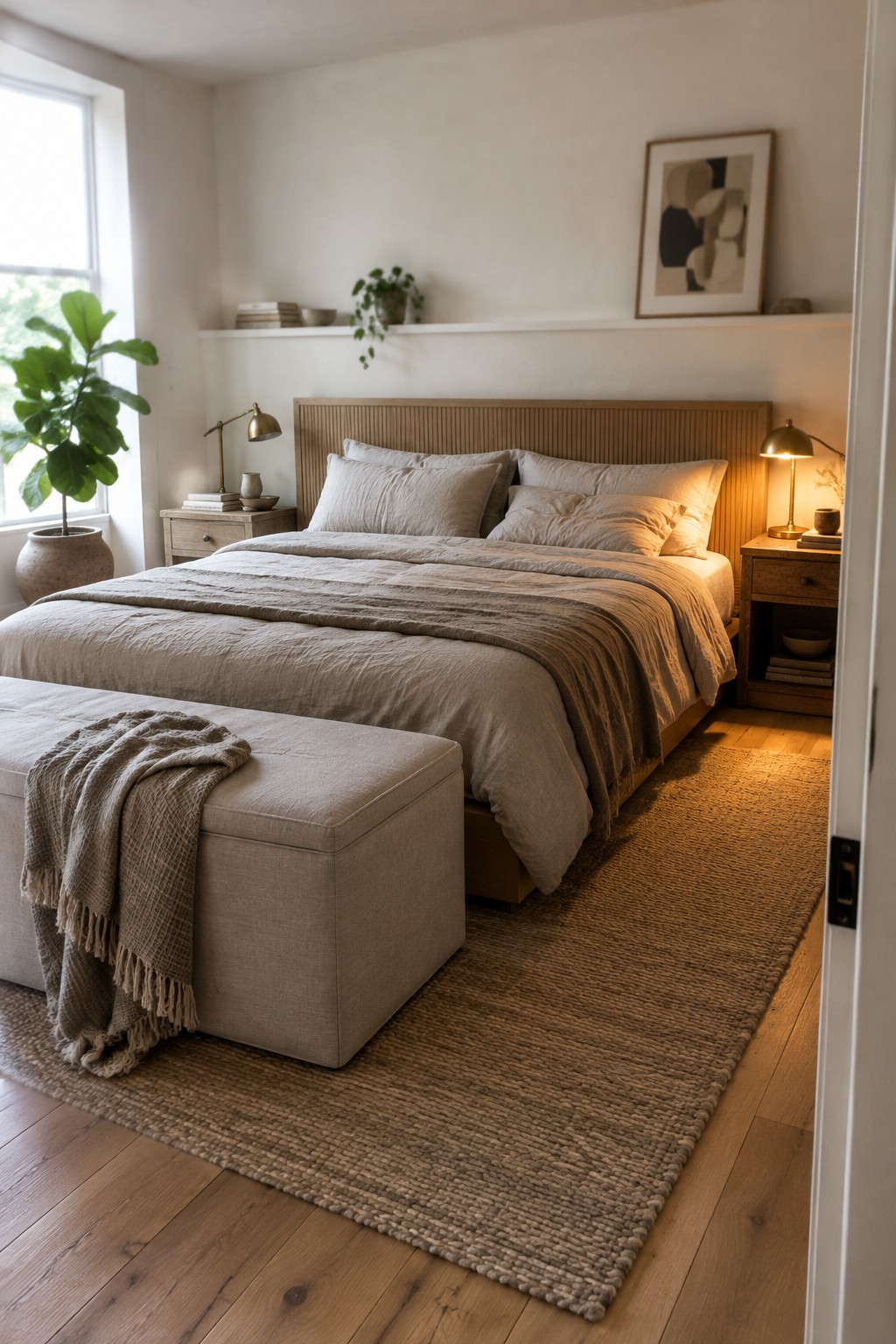 A bedroom with layered beige and gray bedding, a wood slat headboard, and a woven rug.