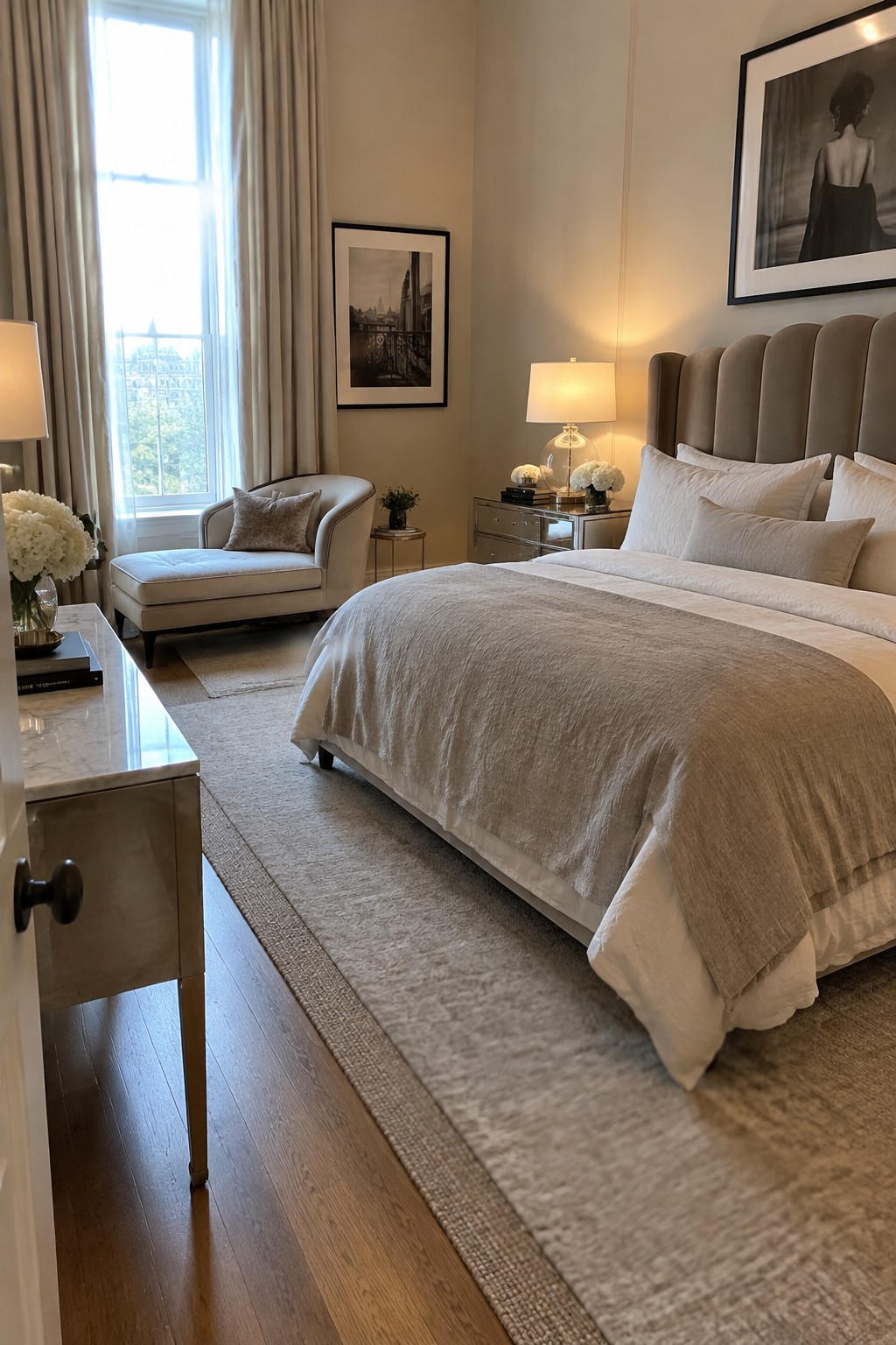 A bedroom with white and beige linen bedding, a tall taupe upholstered headboard, and a cream armchair beside a window.