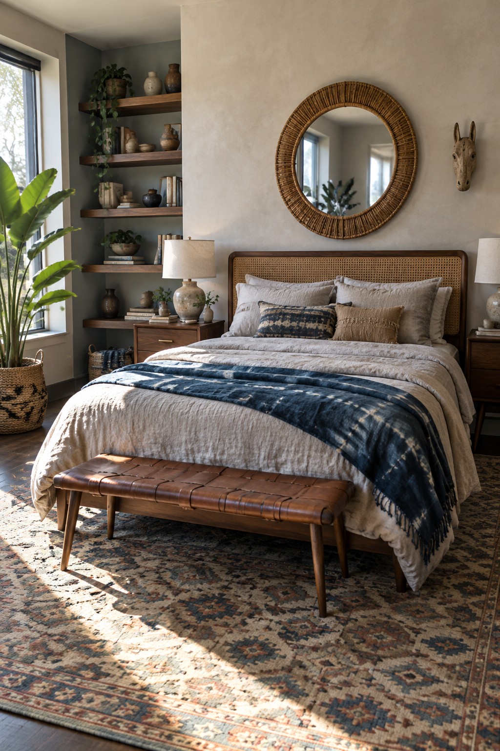 A bedroom with layered neutral linen bedding, a cane headboard, a round woven mirror, and a blue patterned throw.