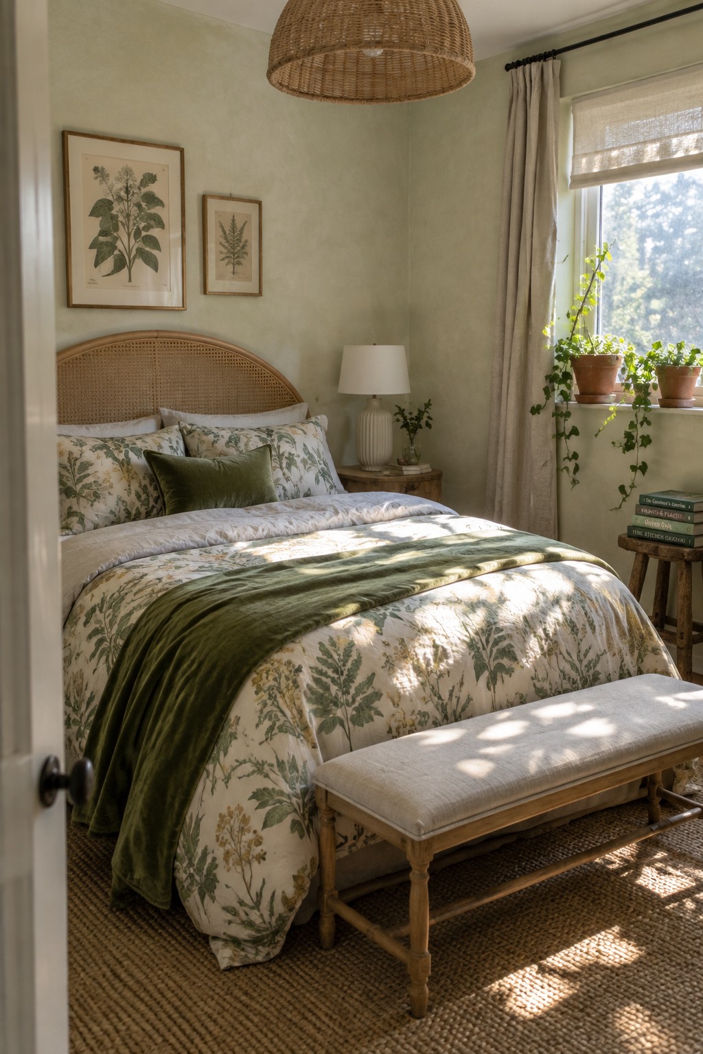 A bedroom with botanical-print bedding, a dark green throw, a woven cane headboard, and framed plant prints on the wall.