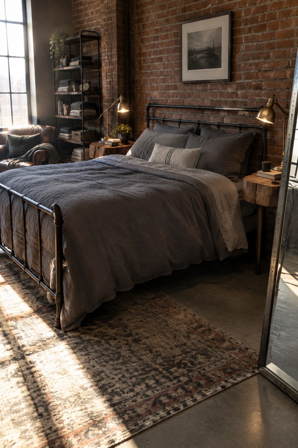 A bedroom with gray linen bedding, a black metal bed frame, and an exposed brick wall.