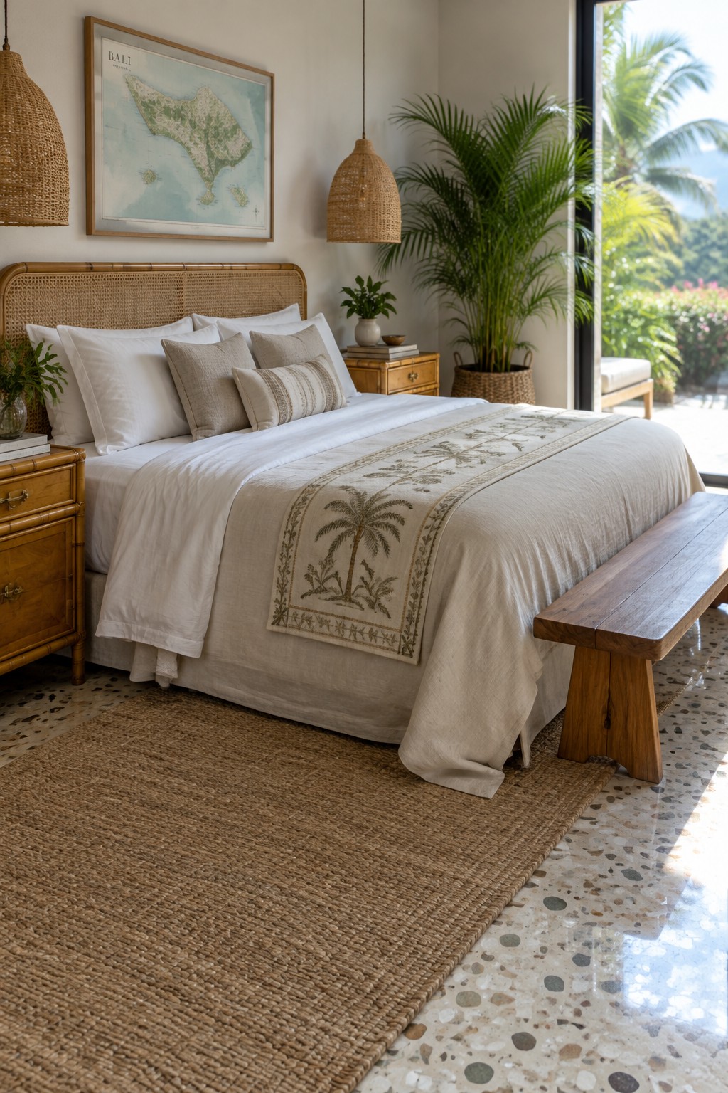 A neutral linen bed with white pillows, a palm-embroidered runner, and a woven headboard.