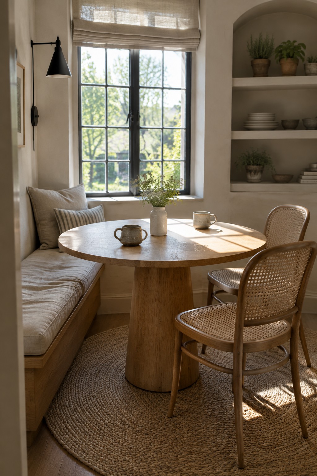 A round wood dining table sits beside a cushioned built-in bench, with woven chairs, a window, and wall shelves.
