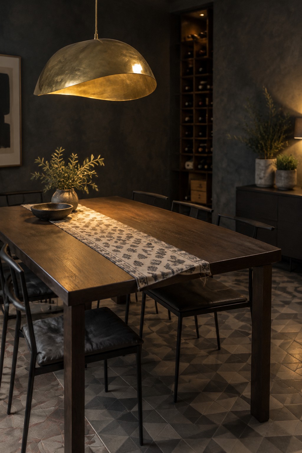 A long dark wood dining table with a patterned runner and black chairs beneath a brass pendant light.