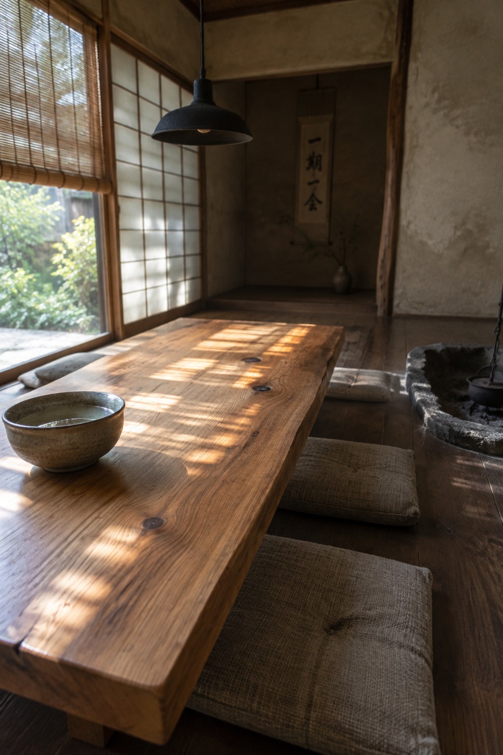 A low rectangular wooden table with floor cushions and a ceramic bowl in a Japanese-style dining room.