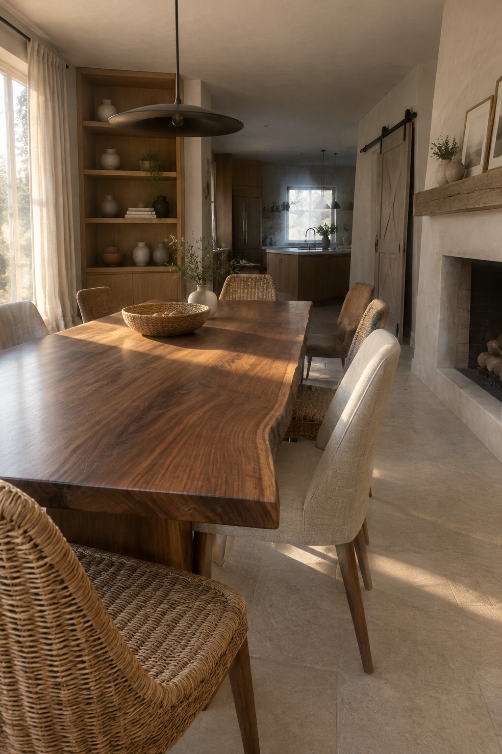 A long walnut dining table with woven chairs sits in a dining room beside built-in wooden shelves.