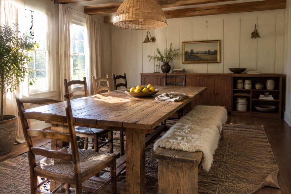 A rustic wooden dining table and bench sit on a woven rug in a dining room with wood chairs and a large woven pendant light.