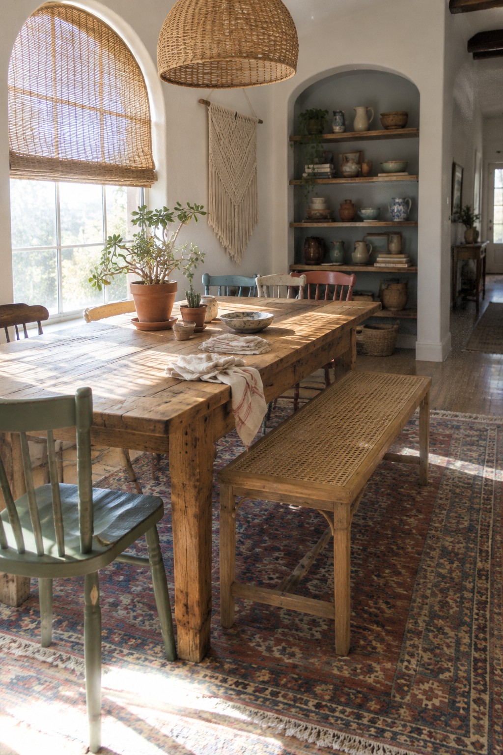 A long wooden dining table with chairs and a woven bench sits on a patterned rug beside a large arched window.