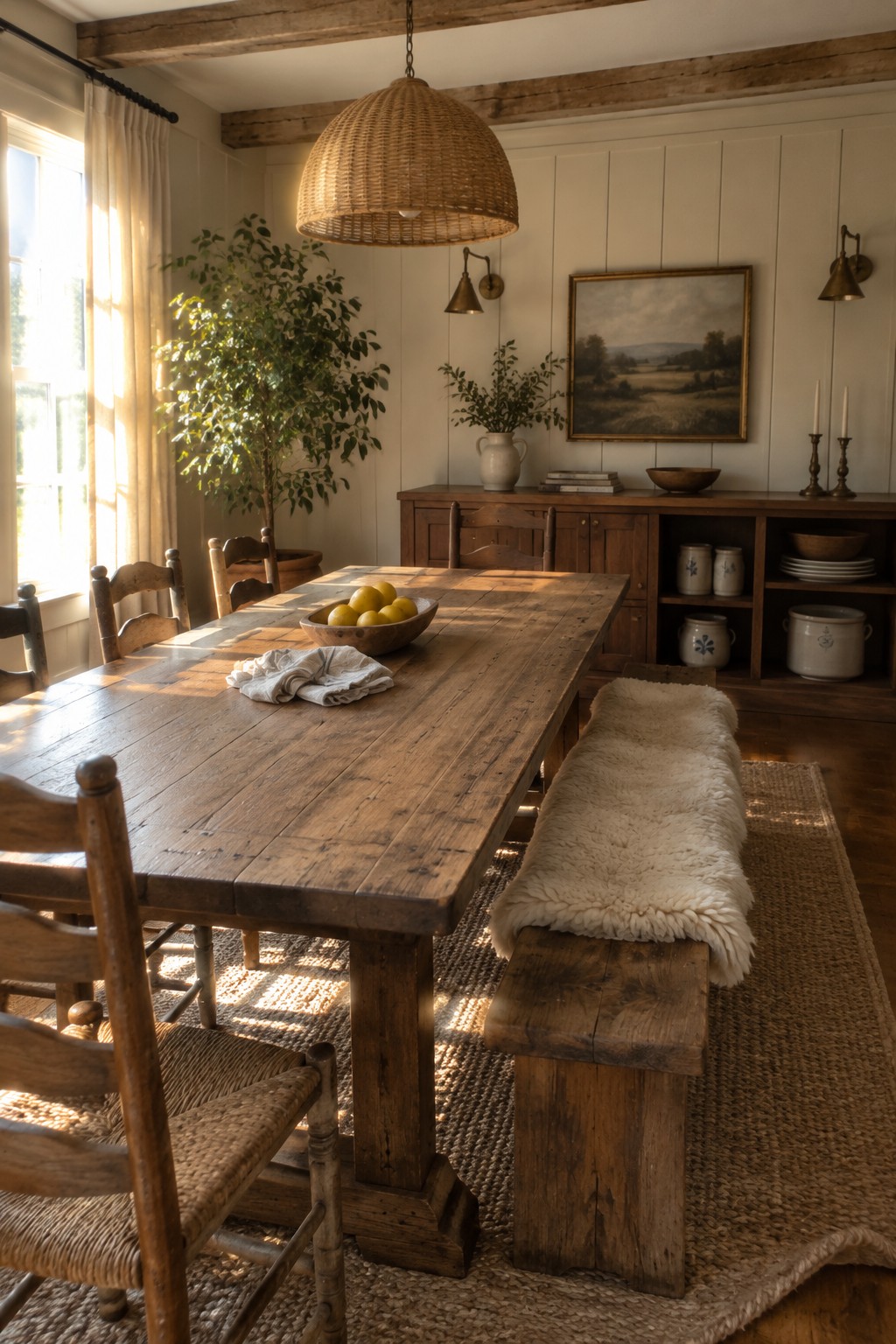 A rustic wooden dining table and bench sit on a woven rug in a dining room with wood chairs and a large woven pendant light.