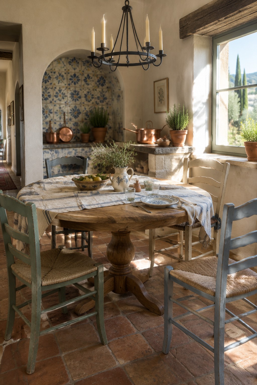 A round wooden dining table with a patterned cloth and ceramic dishes sits among painted chairs in a rustic kitchen.