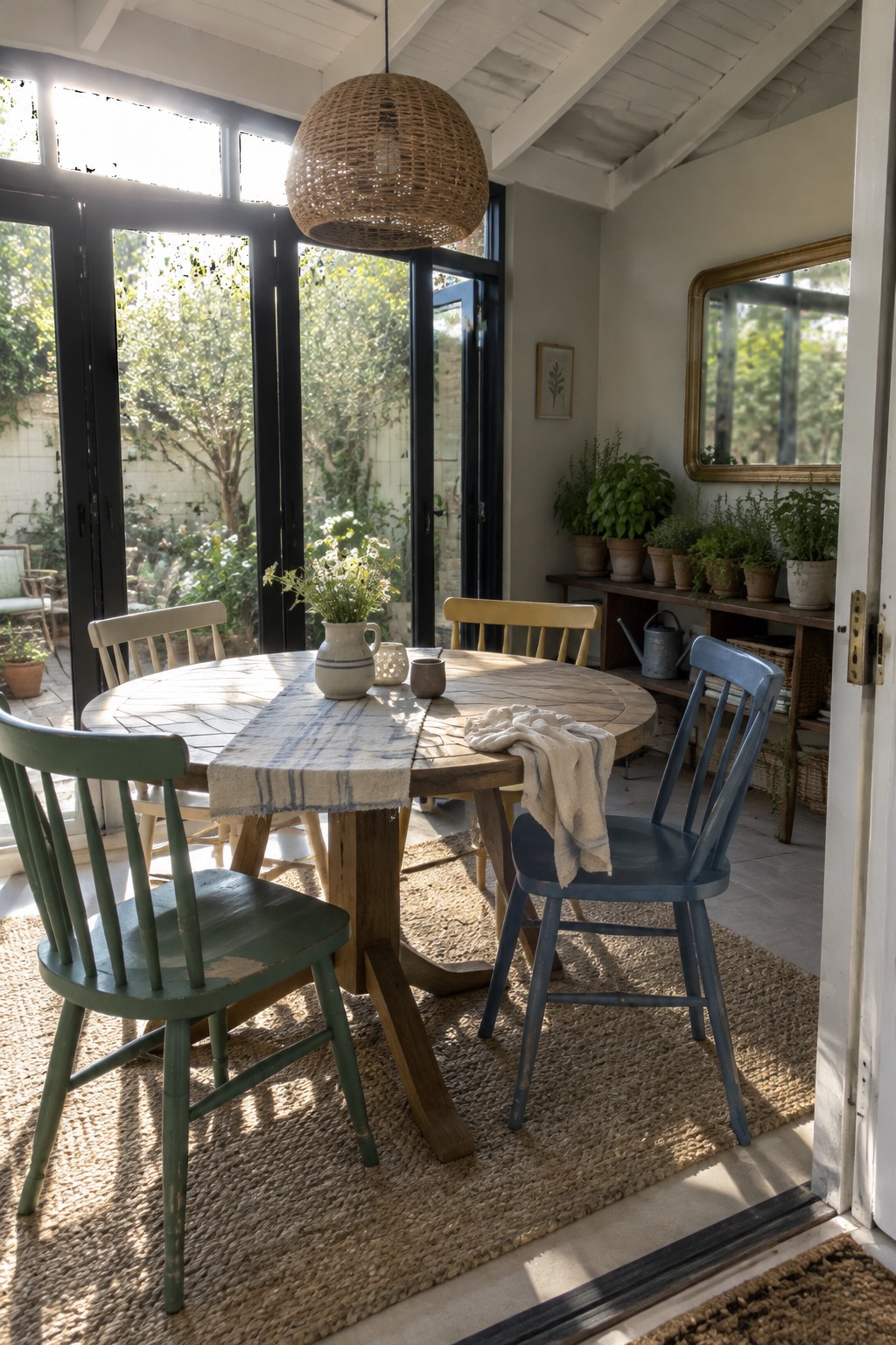 A round wooden dining table with a striped runner is surrounded by mismatched painted chairs in a bright room.