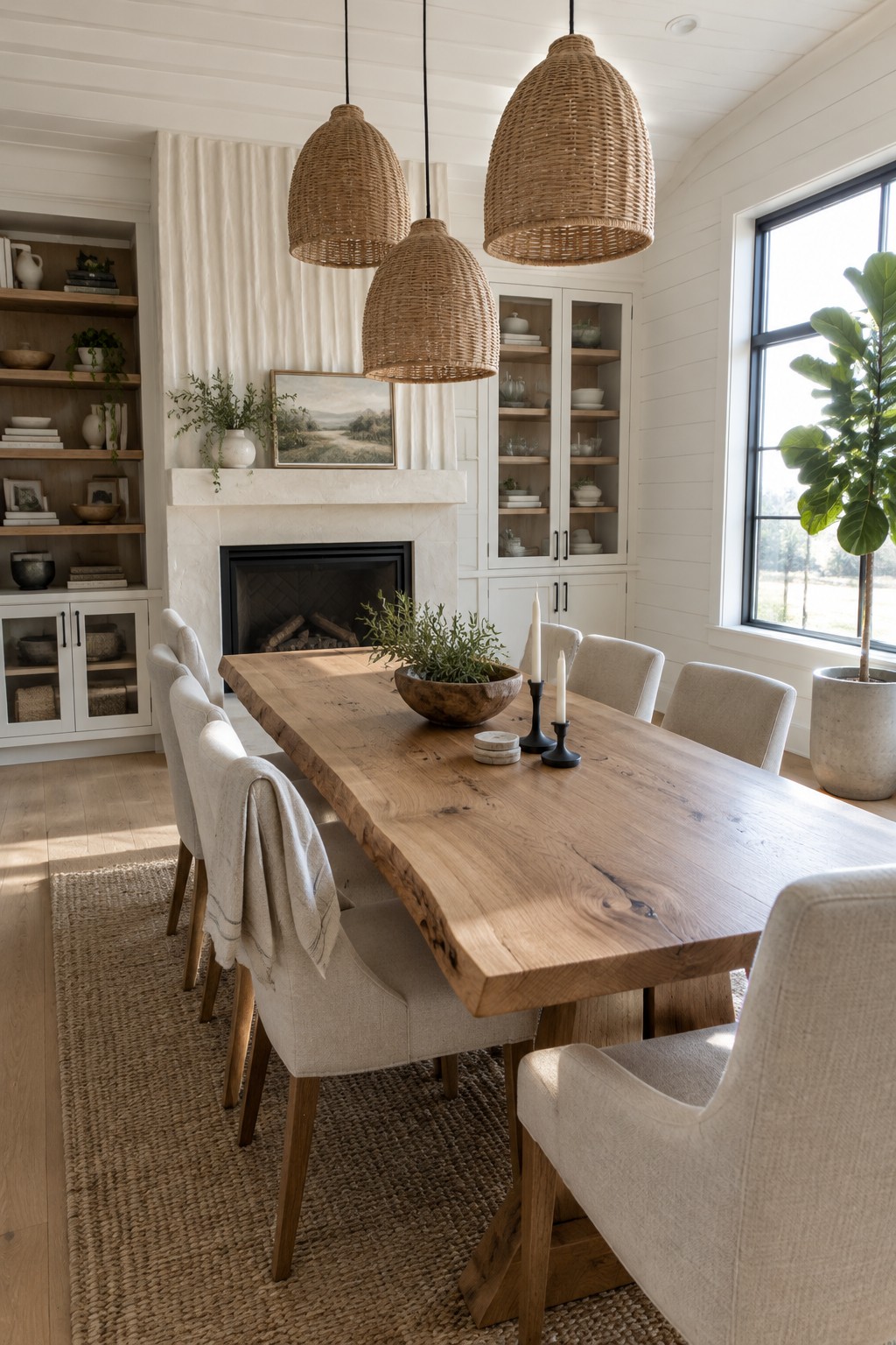 A long natural wood dining table with upholstered chairs sits in front of a stone fireplace, with woven pendant lights overhead.