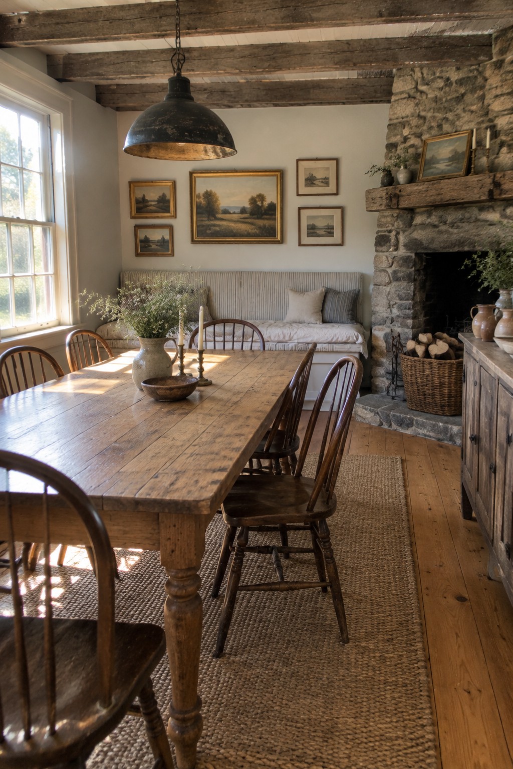 A rustic dining room with a long wooden table, spindle-back chairs, and a stone fireplace beside a cushioned bench.