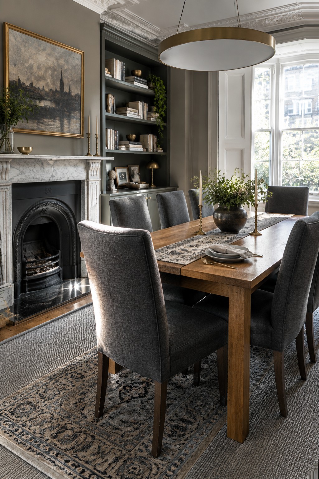 A wooden dining table and gray upholstered chairs sit beside a marble fireplace and dark built-in bookshelves.