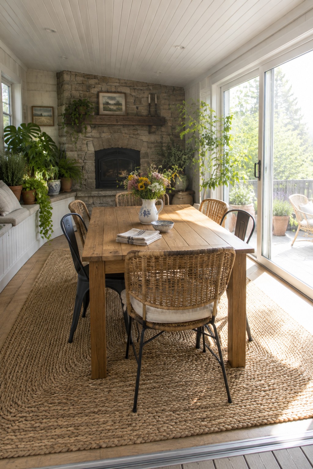 A wooden dining table and woven chairs sit in front of a stone fireplace in a bright room.