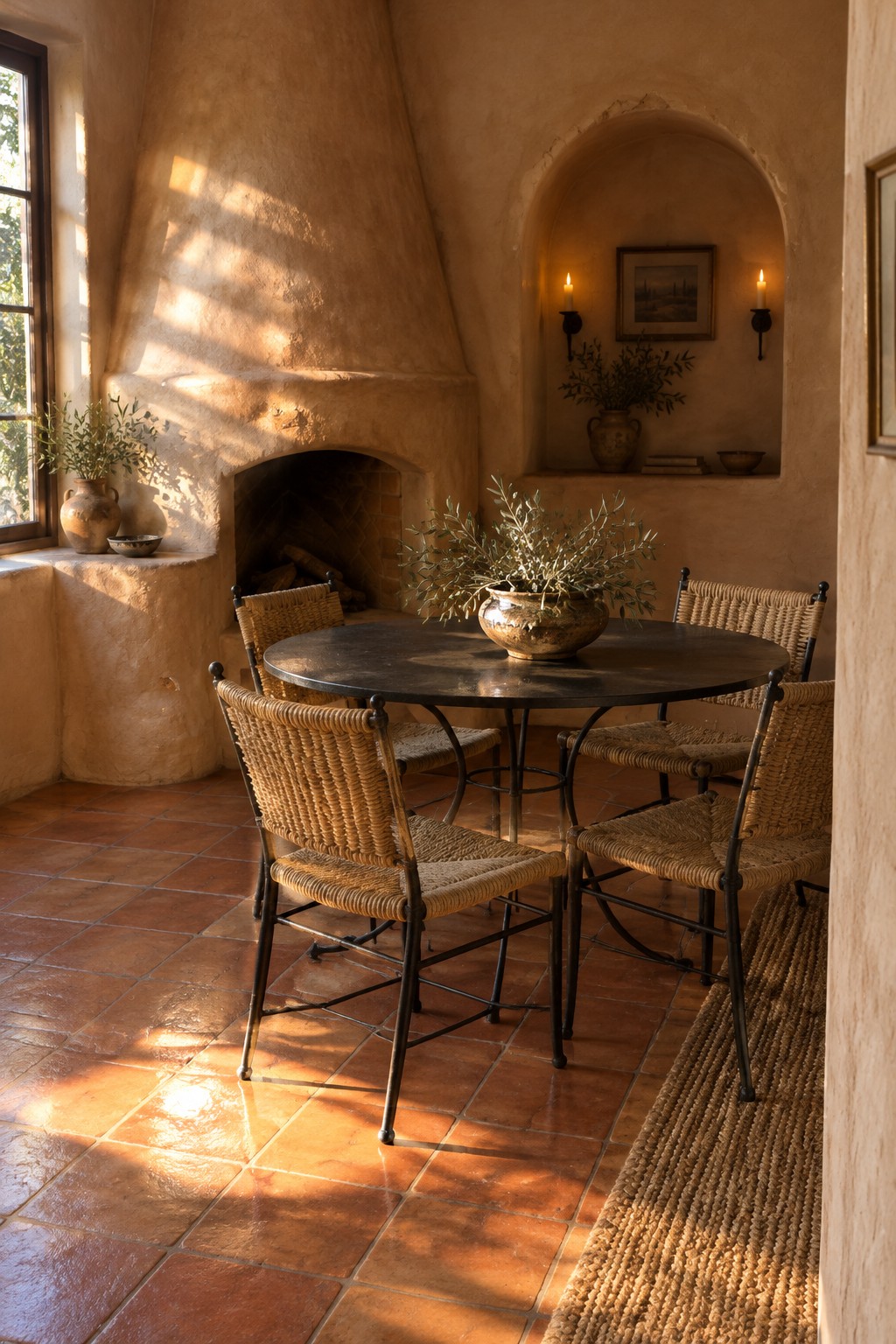 A round dining table and woven chairs sit in a plaster-walled room with a large built-in fireplace and an arched wall niche.