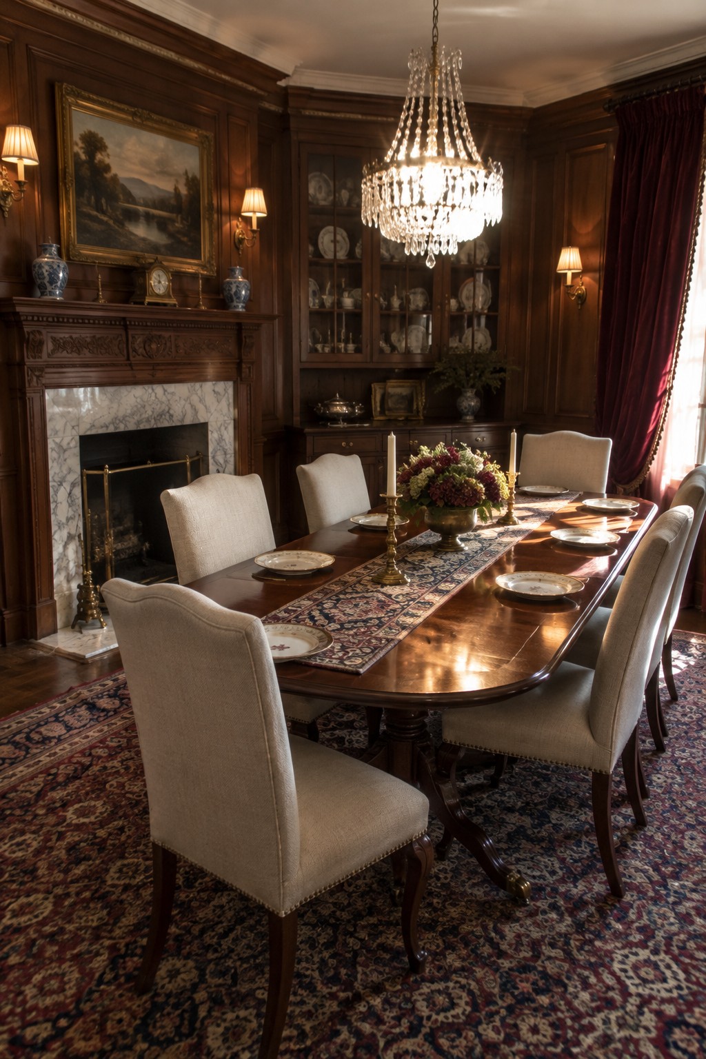 A long dining table with upholstered chairs sits beside a marble fireplace in a wood-paneled room.