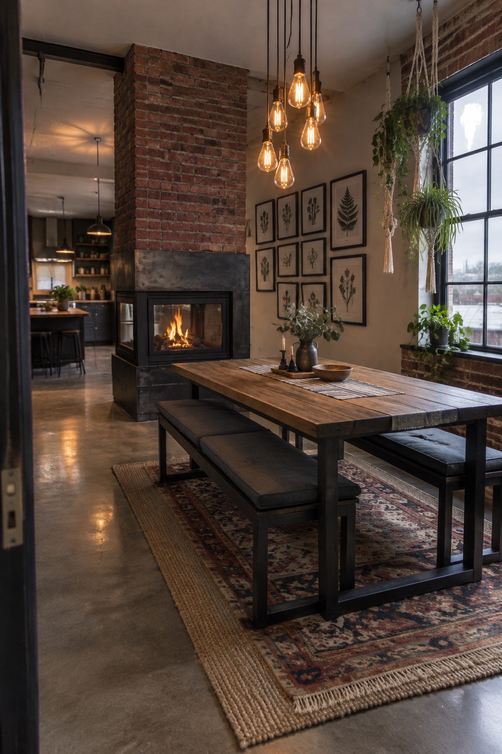 A wooden dining table and benches sit beside a brick fireplace with a visible fire.