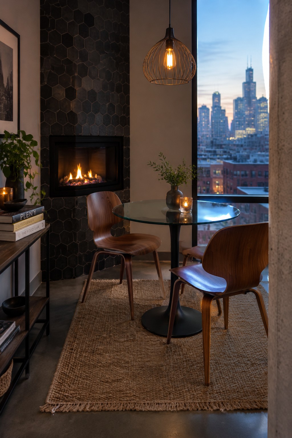 A round glass dining table and wooden chairs sit beside a dark tiled fireplace with a lit fire.