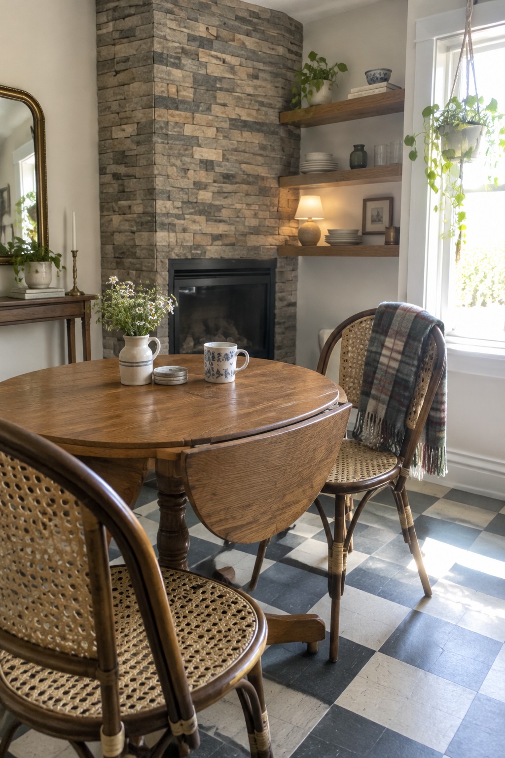 A wooden dining table and cane chairs sit in front of a stone fireplace wall with floating shelves.
