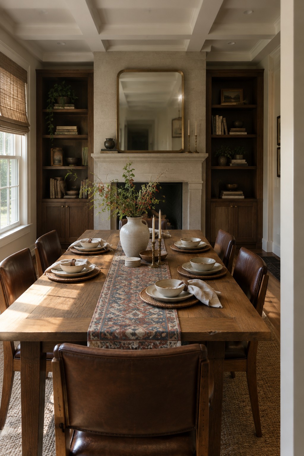 A dining room with a stone fireplace between two dark built-in bookcases and a long wooden table set with dishes.