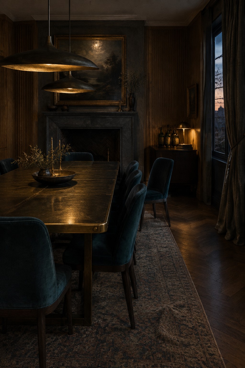 A dark dining room with a charcoal fireplace, a long dining table, blue upholstered chairs, and pendant lights.
